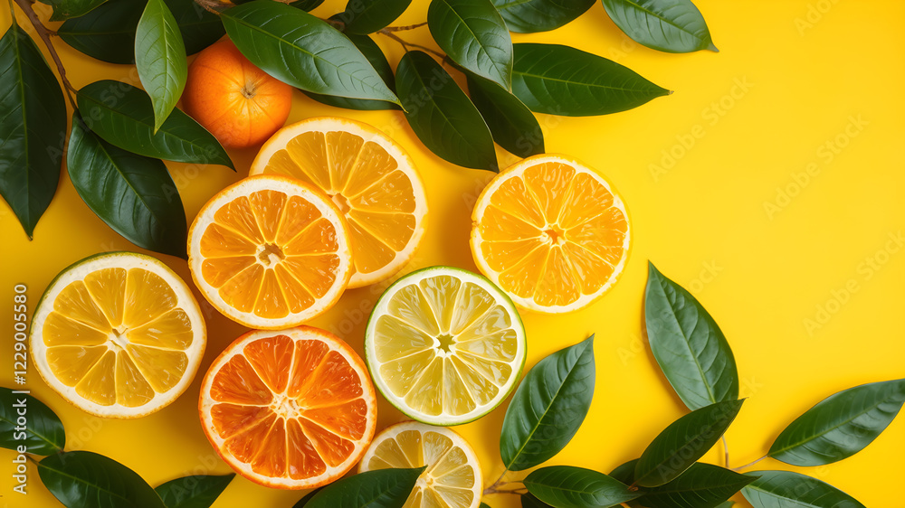 Different cut citrus fruits and leaves on yellow table, flat lay. Space for text, top view. Generative AI Different cut citrus fruits and leaves on yellow table, flat lay. Space for text, top view. Generative AI