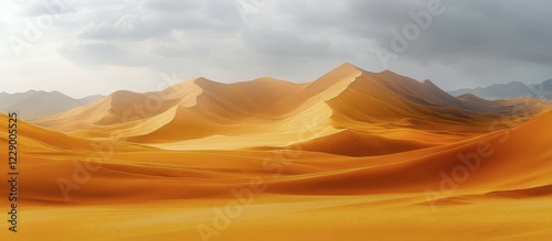 Fototapeta Naklejka Na Ścianę i Meble -  Expansive golden sand dunes with distant mountains under a cloudy sky, AI generated