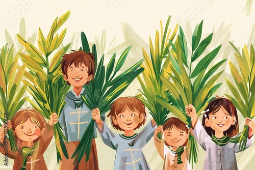 Palm Sunday seamless banner, hand drawn children with palm branches in their hands, rejoicing, glorifying God. For the publication, decoration of the holiday