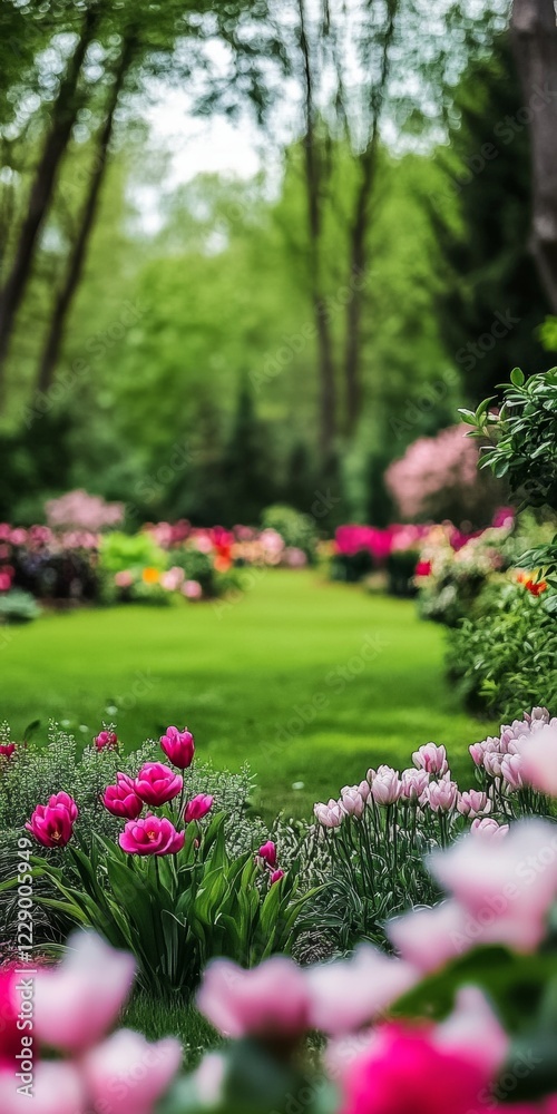 Fototapeta premium Explore a Vibrant Garden of Tulips, Nature's Colorful Display in a Serene Landscape