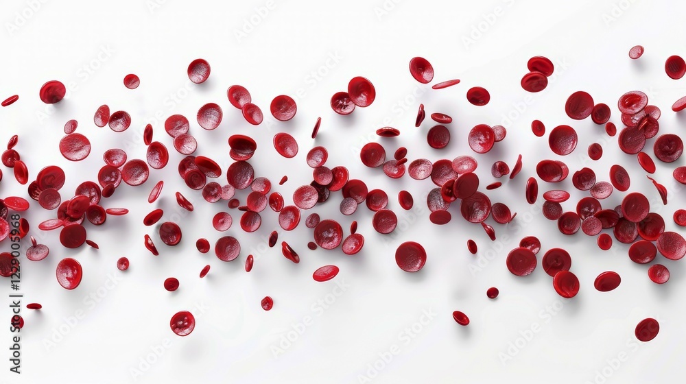 Various red blood cells scattered across a white surface, ai generated, AI generated Various red blood cells scattered across a white surface, ai generated, AI generated