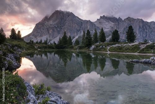 Lake Lago de Limides and Lagazuoi, with water reflection, Dolomites, Alps, South Tyrol, Italy, Europe photo