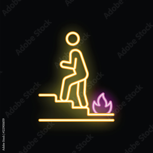 Neon signboard icon of a businessman walking upstairs through fire, a concept of business ambition