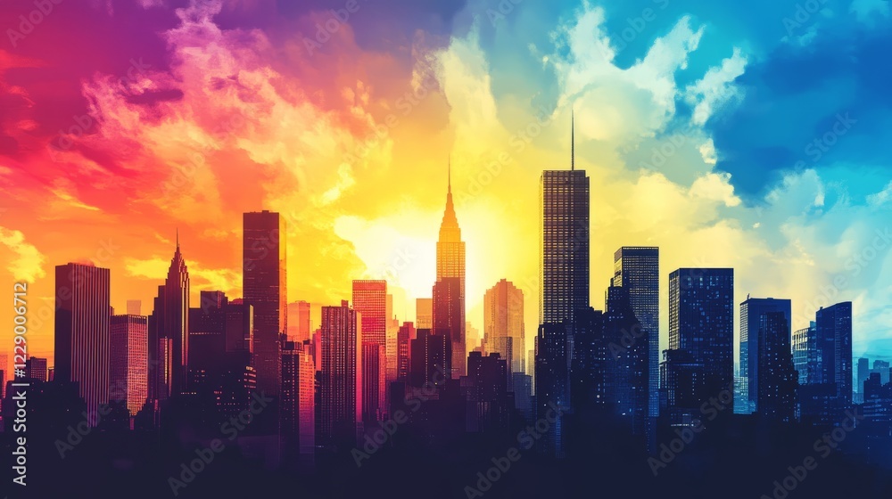 Fototapeta premium A city skyline with a sunset in the background. The sun is setting behind the buildings. The sky is filled with clouds