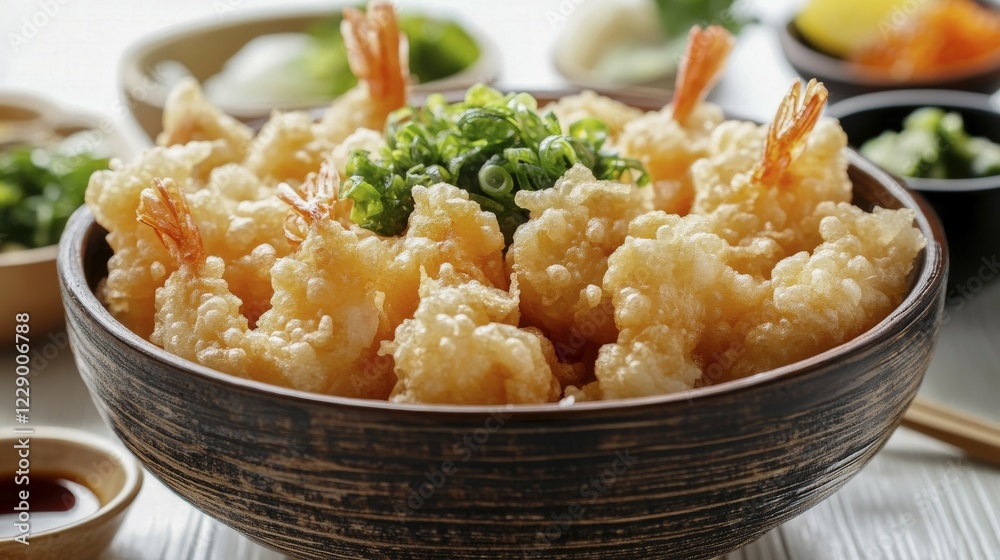 Rustic bowl filled with crispy golden shrimp tempura, topped with chopped chives, and accompanied by dipping sauce, AI generated Rustic bowl filled with crispy golden shrimp tempura, topped with chopped chives, and accompanied by dipping sauce, AI generated