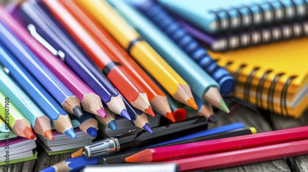 A close-up of colorful pencils and notebooks, showcasing their vibrant colors and sharp tips, AI generated A close-up of colorful pencils and notebooks, showcasing their vibrant colors and sharp tips, AI generated