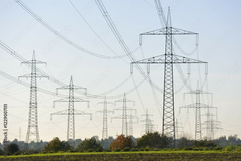 Transmission lines in Waiblingen, Baden-Württemberg, Germany, Europe Transmission lines in Waiblingen, Baden-Württemberg, Germany, Europe