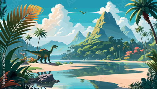 Prehistoric Jungle with Dinosaurs and Tropical Landscape