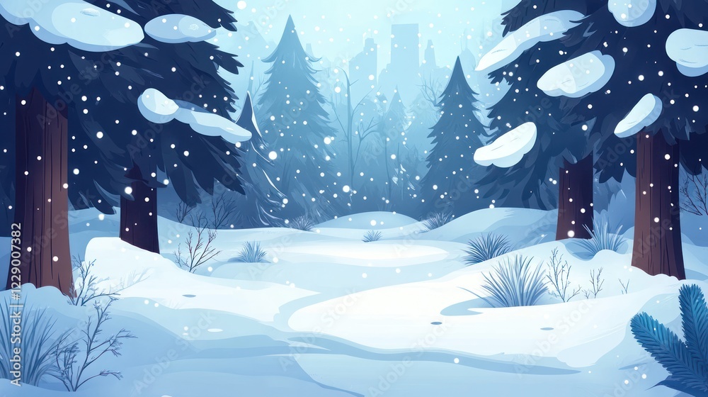 Naklejka premium Snowy winter forest scene with falling snow.