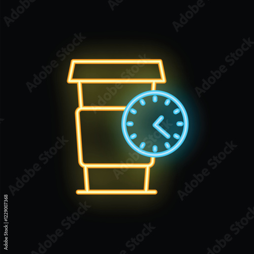 Neon sign illustrating a paper coffee cup with a clock, perfect for representing a coffee break