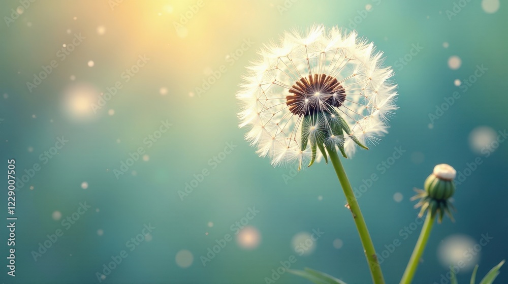 Obraz premium Serene Dandelion Seed Head in Soft-Focus Sunlight, Glowing with Gentle Bokeh and Delicate Airy Particles, Peaceful Nature Scene