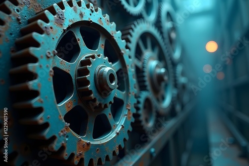 Industrial Gears Background. Industrial background made of old metal gears in blue color.