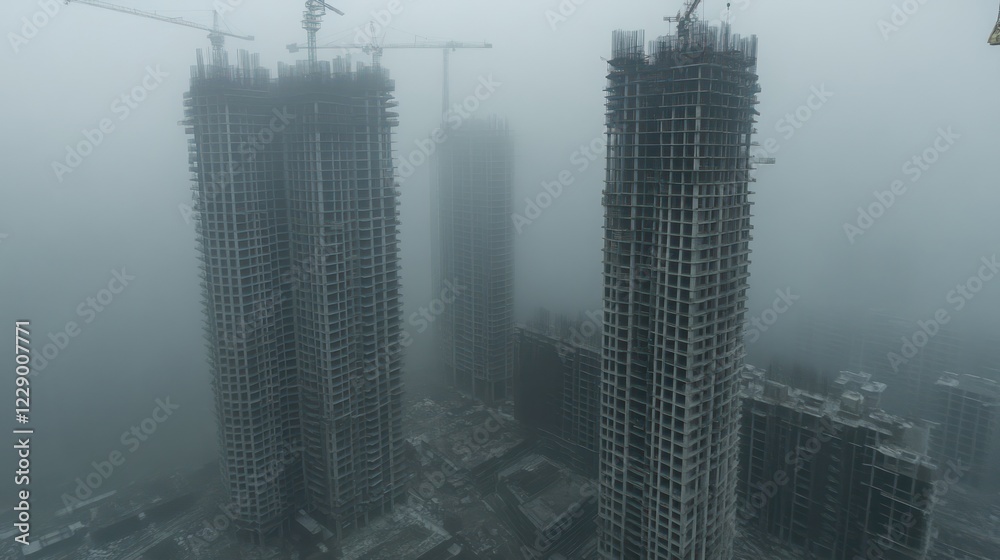 Fototapeta premium Foggy cityscape with high-rise buildings under construction.