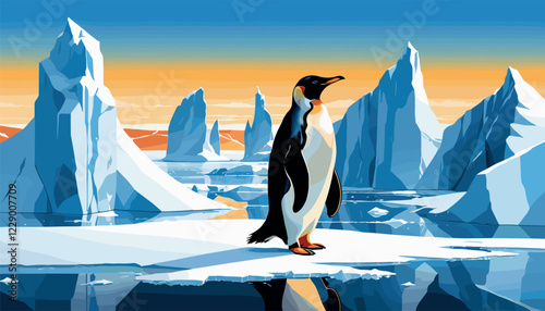 Penguin Standing on Iceberg in Arctic Landscape