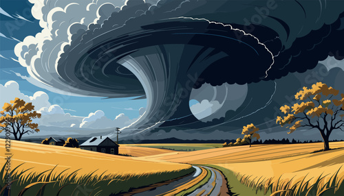 Massive Tornado over Rural Farmland Landscape