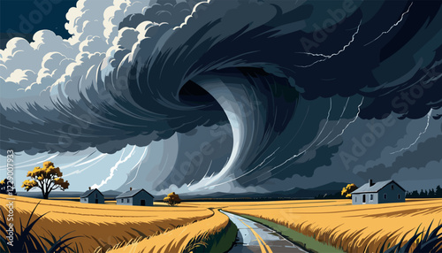 Massive Tornado over Rural Farmland Landscape