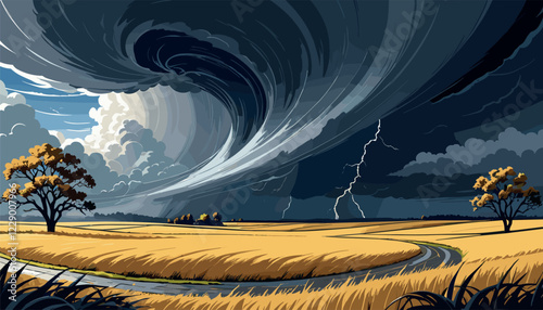 Massive Tornado over Rural Farmland Landscape
