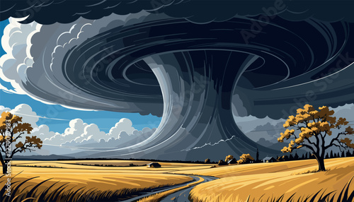 Massive Tornado over Rural Farmland Landscape