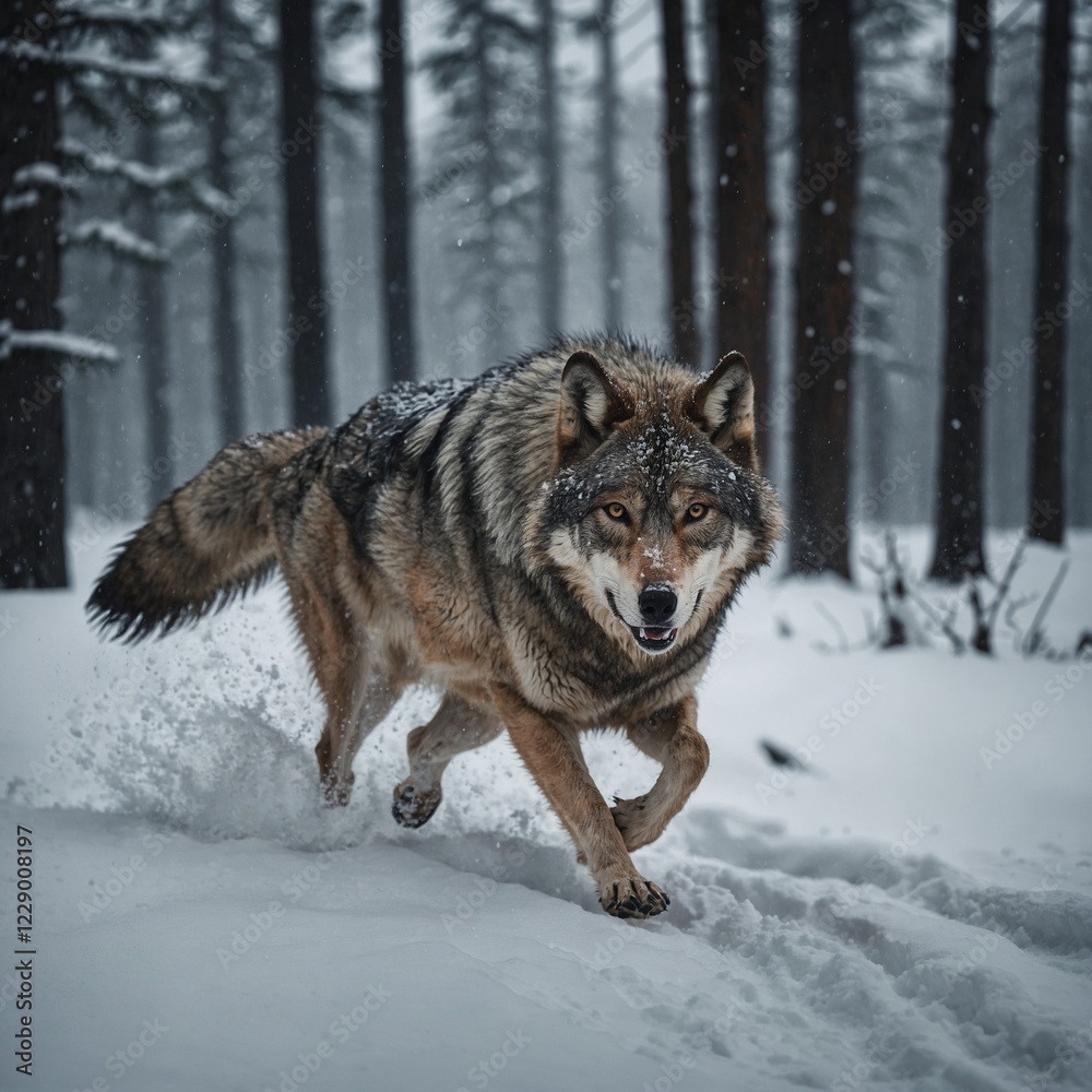 A wolf running through a snowy landscape. A wolf running through a snowy landscape.