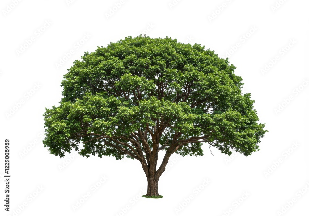 A large lush green tree with a thick trunk and spreading branches isolated on a white background A large lush green tree with a thick trunk and spreading branches isolated on a white background