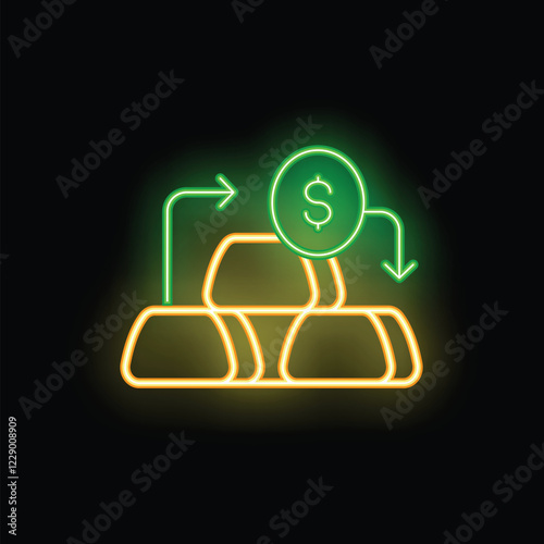 Neon sign representing money converting into gold bars on black background
