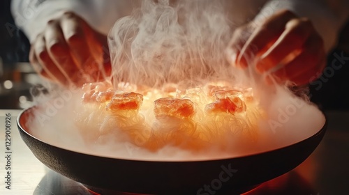 Chef preparing smoky seafood dim sum. photo