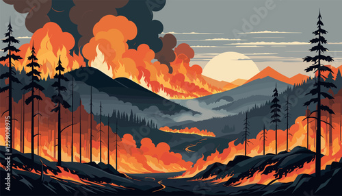 Intense Wildfire Spreading Through Forested Valley