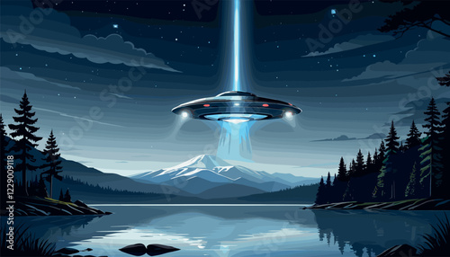 UFO Hovering Over Mountain Lake at Night