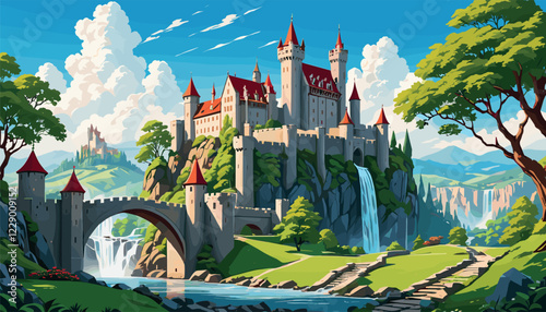 Majestic Castle on Rocky Hill with Waterfall