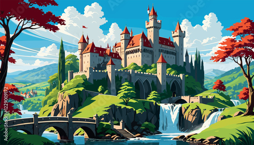 Majestic Castle on Rocky Hill with Waterfall