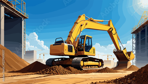 Heavy Excavator at Construction Site Under Clear Sky