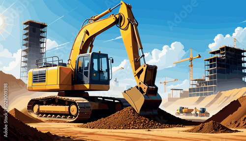 Heavy Excavator at Construction Site Under Clear Sky