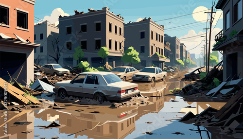 Flooded Urban Street with Damaged Buildings and Cars