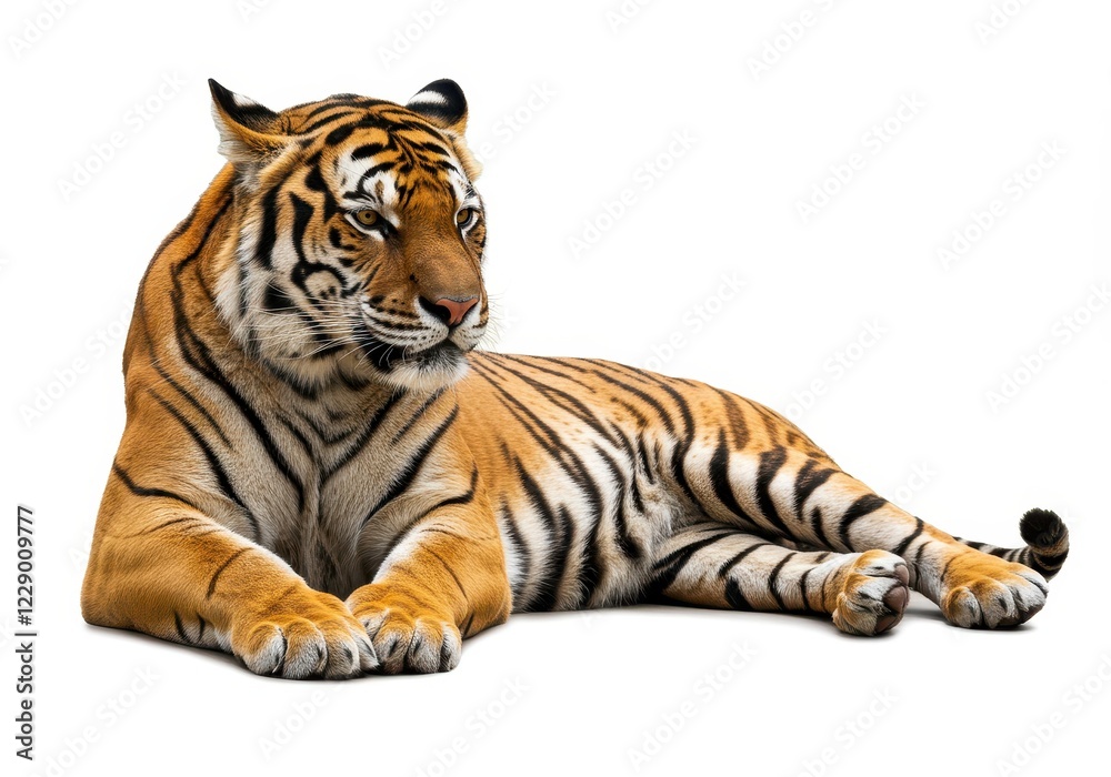 Naklejka premium A majestic Bengal tiger lying down with its front paws extended isolated on a white background