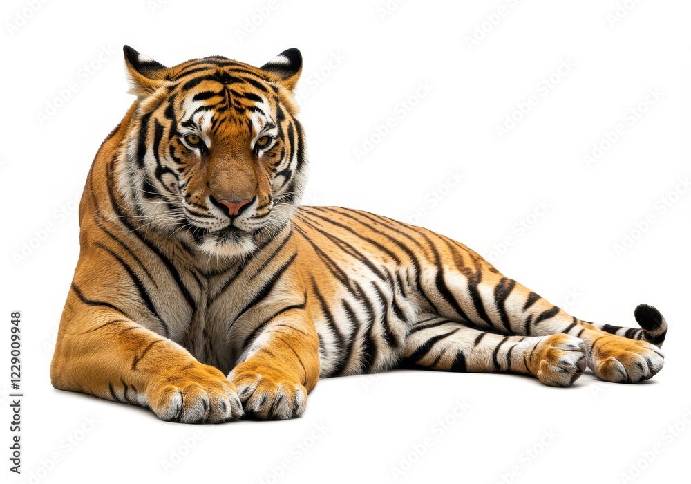Obraz premium A majestic Bengal tiger lying down with its front paws extended isolated on a white background
