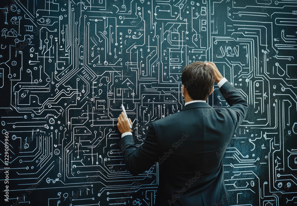 Hand Drawing Circuit Board Design on Black Chalkboard Hand Drawing Circuit Board Design on Black Chalkboard
