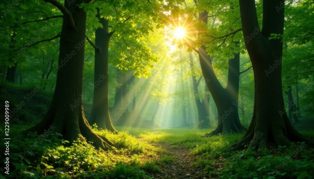 Obraz premium Sunlight streams through the gaps of leafy canopy, natural, serene, forest