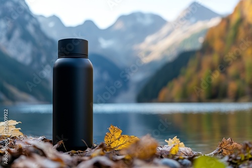 Black insulated water bottle on autumn leaves by a mountain lake. photo