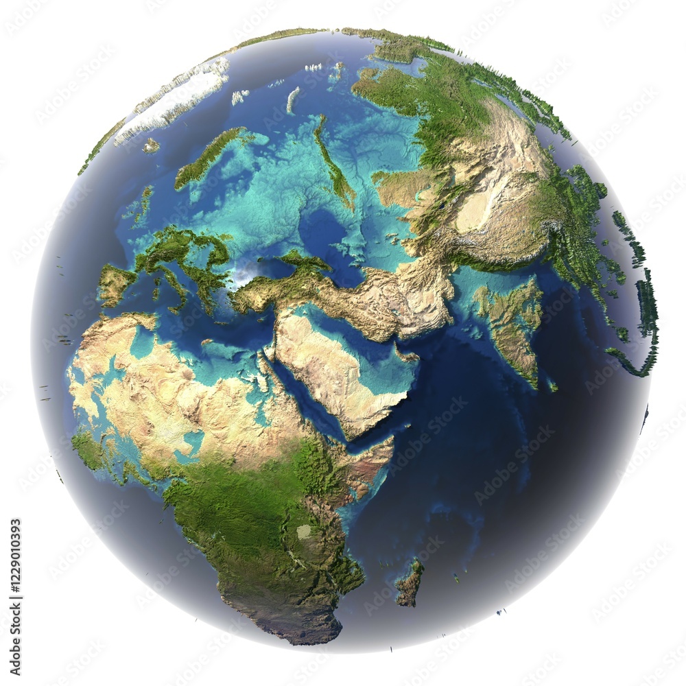 Fototapeta premium Glaciers melted, the amount of water in the oceans has increased and they have flooded the continents. Fantastic prediction of possible future. Earth on a white background