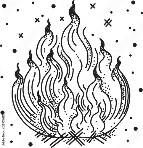 Flames of Imaginat
A drawing, of black flames, burning brightly, on a, pile of firewood, with delicate lines, and decorated with, dots, and small marks, conveying, the power, heat, and movement.