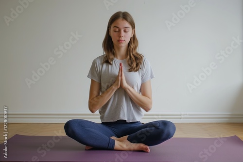 The Lotus pose in yoga symbolizes balance, calm, focus, and holistic wellness. It depicts peace and tranquility through a serene image of a woman, embodying a sense of harmony and inner peace