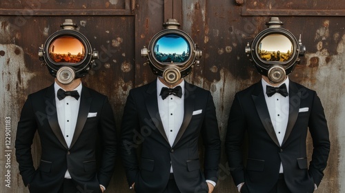 Daring underwater exploration stylish divers with vintage helmets in urban setting photo