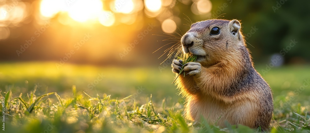 A Fluffy Prairie Dog Enjoys A Sunset Snack Of Grass In A Lush Green Field. The Warm Golden Light Bathes The Scene, Creating A Peaceful And Idyllic Atmosphere. A Fluffy Prairie Dog Enjoys A Sunset Snack Of Grass In A Lush Green Field. The Warm Golden Light Bathes The Scene, Creating A Peaceful And Idyllic Atmosphere.
