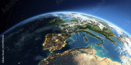Fototapeta Naklejka Na Ścianę i Meble -  Highly detailed Earth with atmosphere, exaggerated relief and light-flooded cities. Transition from night to day. Part of Europe, the Mediterranean Sea. 3D rendering. Elements of this image furnished by NASA
