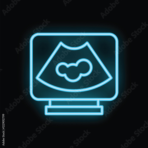 Neon ultrasound showing unborn baby in blue color on a black background