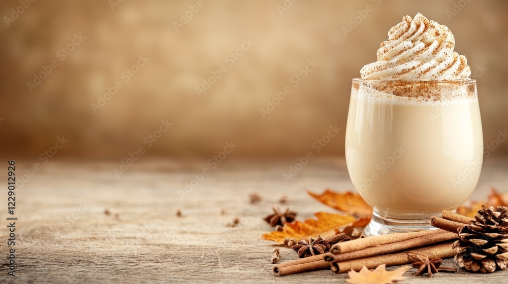 A cozy Thanksgiving scene with a rustic table set, a glass of spiced eggnog topped with whipped cream, surrounded by cinnamon sticks and nutmeg, autumn leaves scattered A cozy Thanksgiving scene with a rustic table set, a glass of spiced eggnog topped with whipped cream, surrounded by cinnamon sticks and nutmeg, autumn leaves scattered