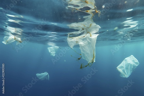 Plastic waste swimming in ocean, AI generated
