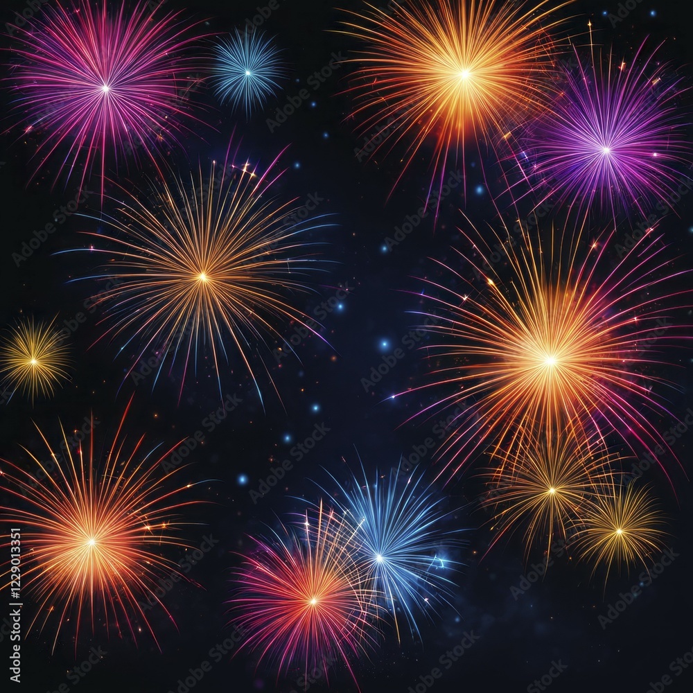 Naklejka premium Colorful fireworks exploding against a dark night sky, creating a festive and vibrant atmosphere, AI generated