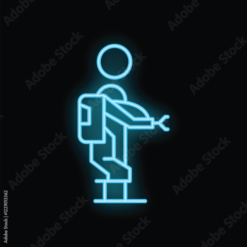 Blue glowing neon line industrial robot manipulator icon isolated on black background. Vector illustration