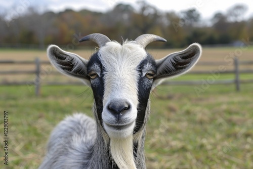 Close up of goat on sunny meadow. Generative Ai, AI generated photo